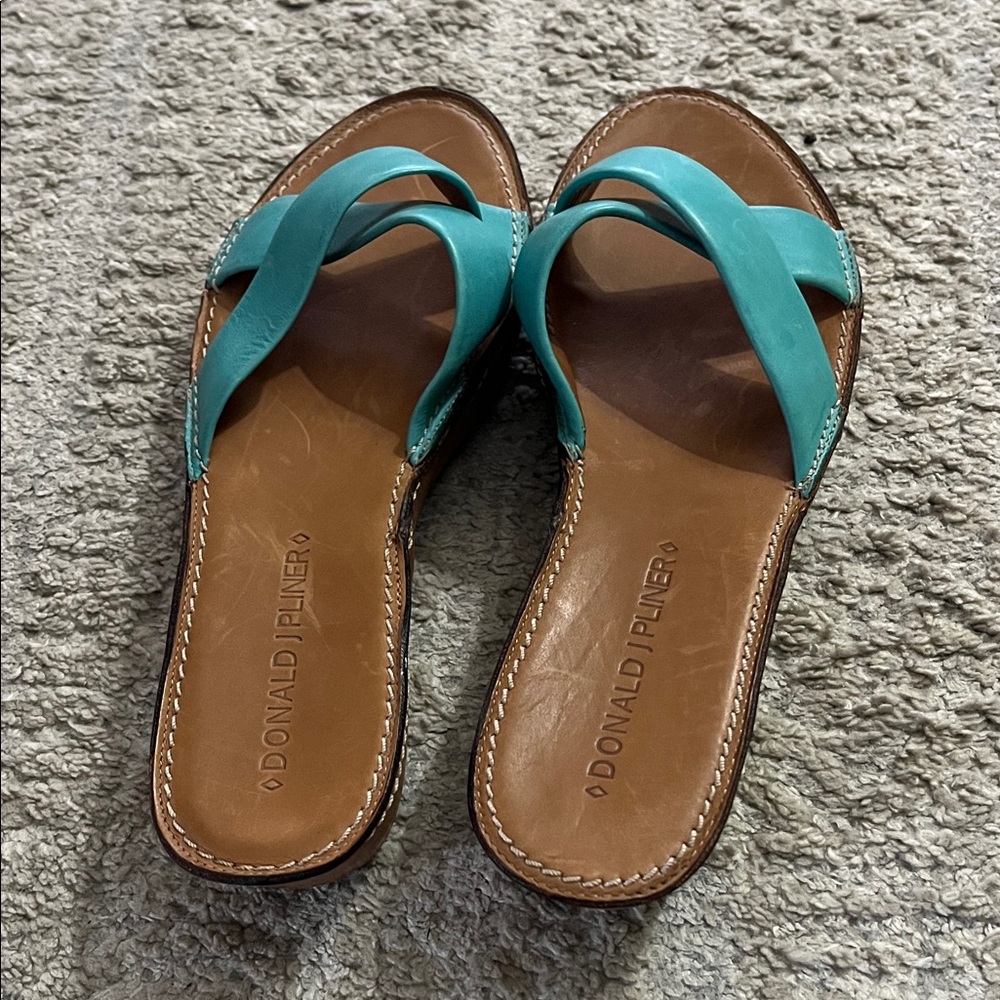Donald J. Pliner Turquoise Leather Crisscross Slide Sandals - Picture 2 of 5